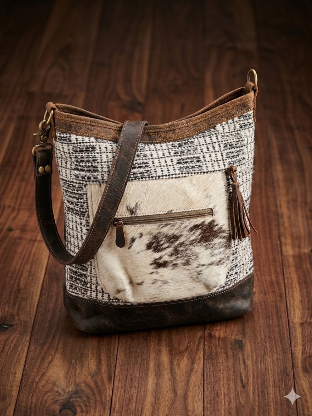Myra Bag Woven Pattern Crossbody Bag with Cowhide Front Pocket - Picture 1 of 16